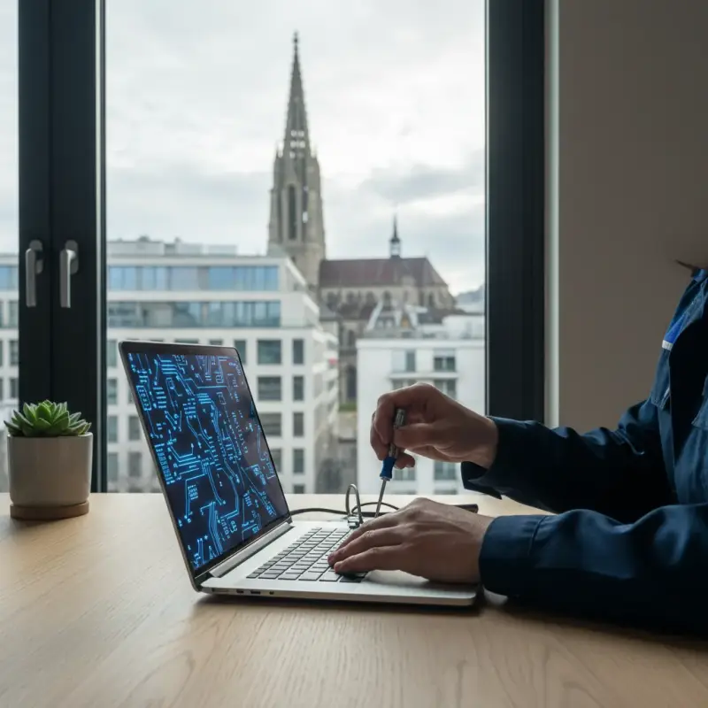 Dépannage informatique Lausanne — technicien CyberClinique réparant un ordinateur à domicile