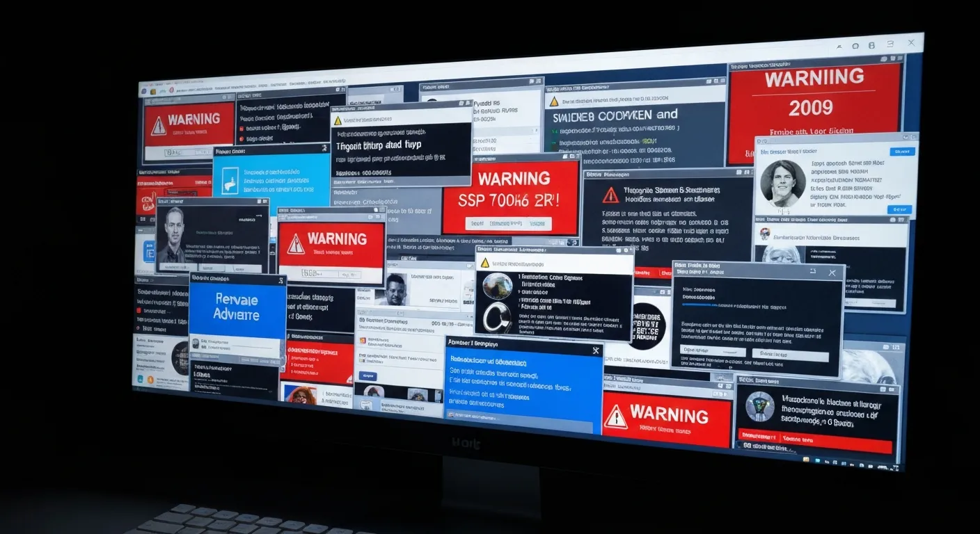 Écran d'ordinateur affichant des fenêtres publicitaires et alertes, signe d'une infection