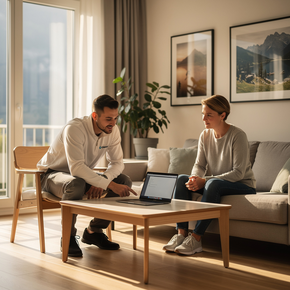 Dépannage informatique à domicile Yverdon — technicien CyberClinique réparant un PC portable chez un particulier