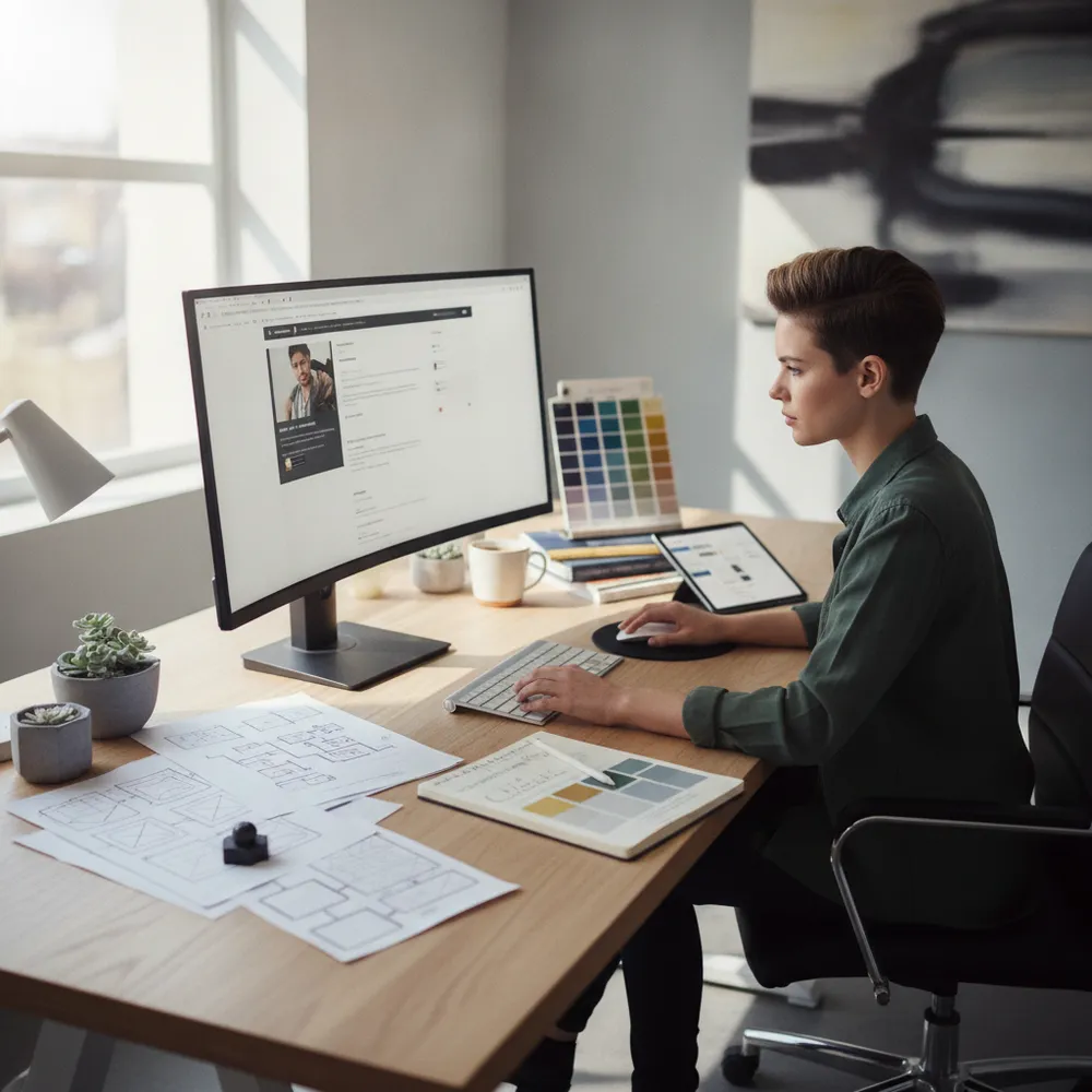 Designer travaillant sur la refonte d'un site web — maquettes et nouvelle identité visuelle