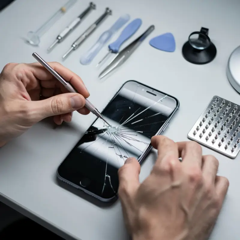 Réparation écran iPhone et Samsung à Yverdon-les-Bains — technicien CyberClinique remplaçant un écran cassé de smartphone